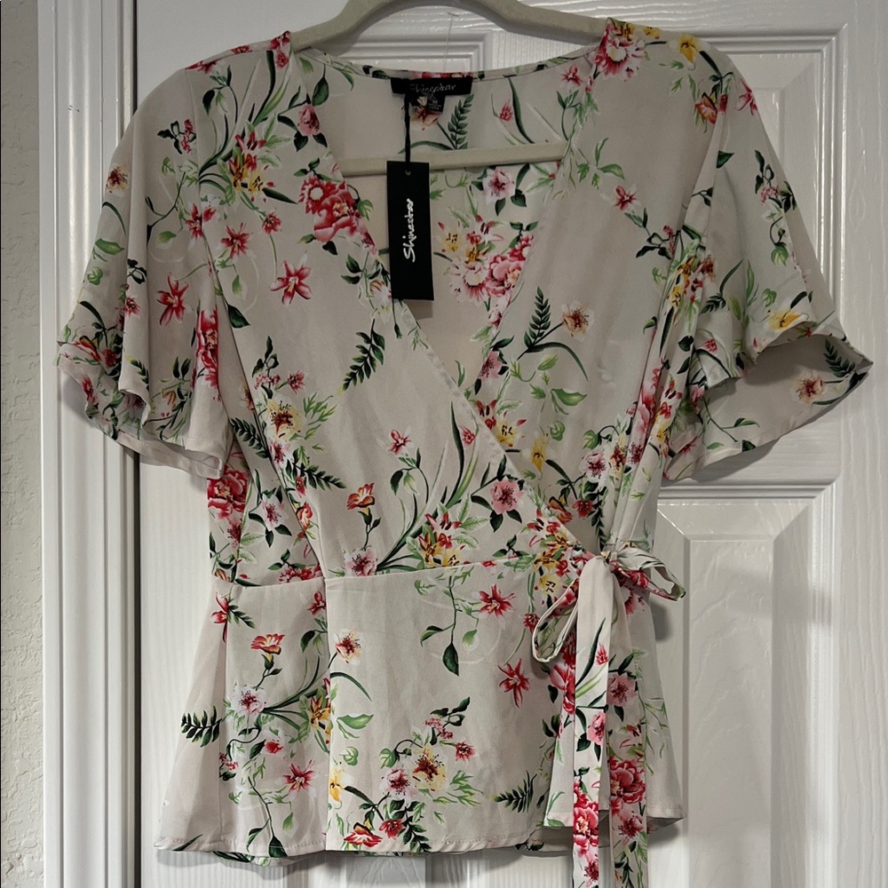 Shinestar Floral Wrap Blouse - Cream and Red